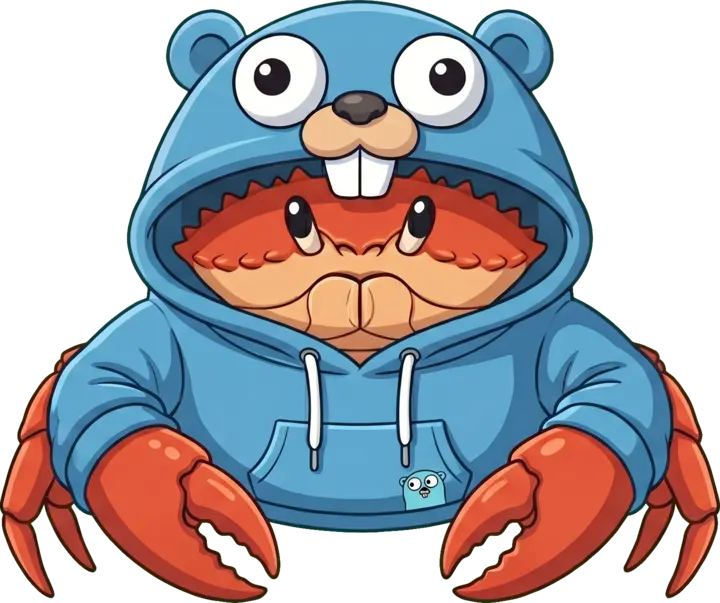 The Goish mascot: Ferris the Rust crab wearing a Go gopher hoodie